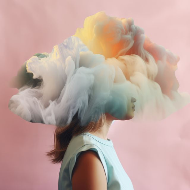A woman is depicted with a cloud of mixed colors enveloping her head against a pink backdrop, representing creative imagination or mental health themes. This visual metaphor is suitable for use in articles, blogs, or social media about creativity, psychology, mindfulness, and artistic expression.