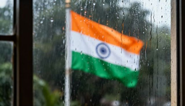 Indian flag fluttering through rain-speckled window with ashoka chakra