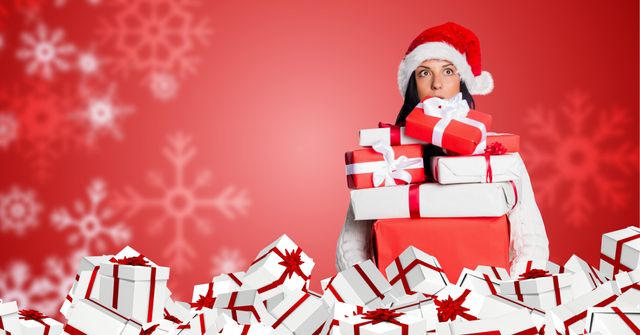 Santa-hatted person surrounded by a mountain of Christmas gifts captures holiday shopping frenzy. Useful for advertisements, seasonal promotions, blog posts about holiday shopping tips, and festive greeting cards.