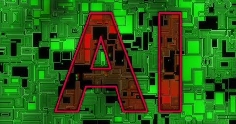 Glowing red ai letters dominating neon green circuit maze with magenta outline futuristic