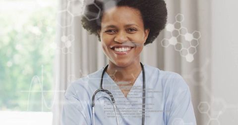 Smiling Female Doctor Integrating Digital Data for Global Healthcare