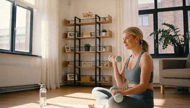 Woman exercising with dumbbells in sunlit minimal home interior for wellness lifestyle
