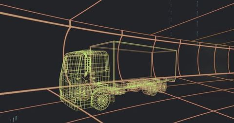 Neon 3D Wireframe Box Truck in CAD Tunnel Perspective for Transport Visualization