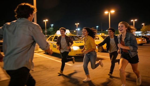 Friends running through night taxi stand laughing and enjoying urban streetlights