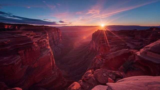 Sunset over red sandstone canyon with dramatic sunburst
