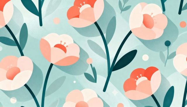 Coral poppy floral repeat pattern with teal stems and pastel peach cream minimal