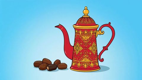 Ornate arabic coffee pot with dates on blue background