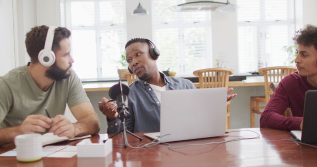 Diverse team recording podcast in casual office setting - Download Free Stock Images Pikwizard.com