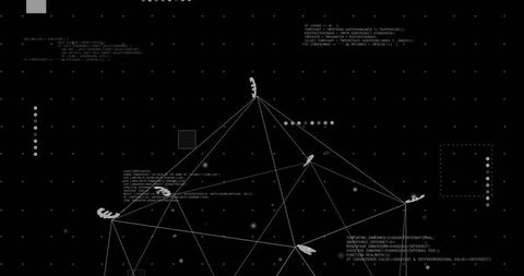 Displaying Wireframe Network Mesh With Cursor Icons, Nodes and Code Over Dark Digital Grid
