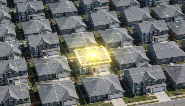 Glowing rooftop solar array highlighting connected suburban neighborhood smart grid network