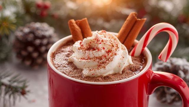 Festive hot chocolate in red mug with whipped cream and candy cane