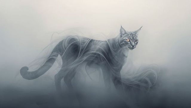 Ethereal grey-blue cat gliding through smoky mist with glowing amber eyes, surreal dreamlike scene