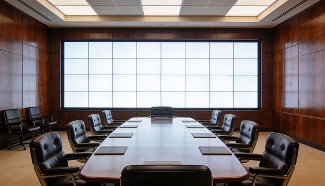 Executive boardroom featuring long wooden conference table, leather chairs, led video wall