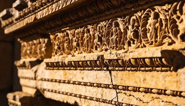 Sunlit ancient sandstone frieze featuring carved human figures and ornate cornice details