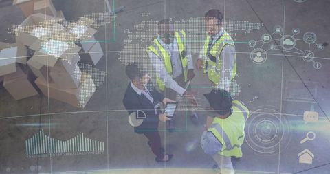 Warehouse Team Collaborating Over Digital Map with Technology Overlay