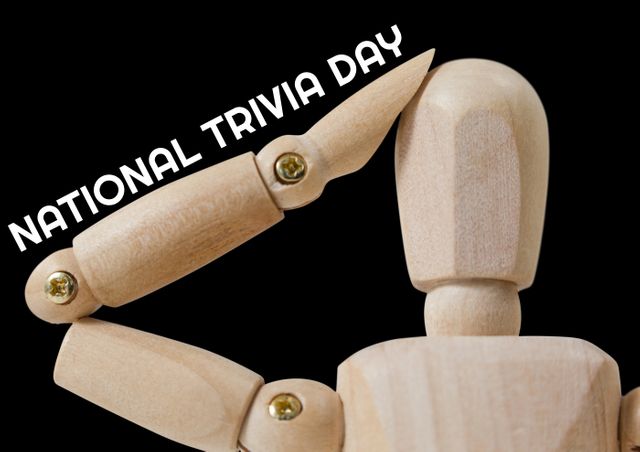 Composition of national trivia day text with wooden human figurine on black background, copy space. information, fact and knowledge concept.