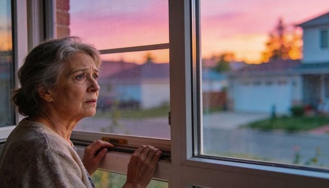 Senior woman gazing through screened window at suburban sunset, reflective elder at dusk
