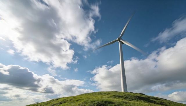 Spinning wind turbine generating renewable energy on grassy hill under dramatic sky