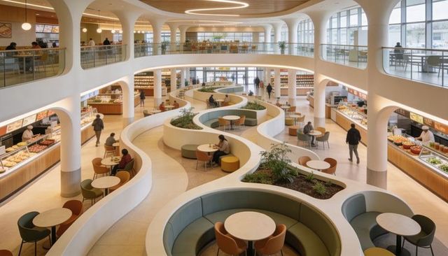 Serpentine banquette and planter food hall with curved mezzanine and natural daylight