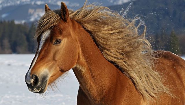 Closeup chestnut horse with flowing flaxen mane blowing over snowy mountain pasture