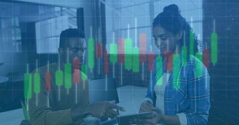 Diverse Team Analyzing Financial Data with Candlestick Chart Overlay