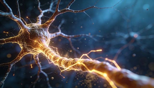Neuron transmitting electrical signal along myelinated axon glowing with golden currents