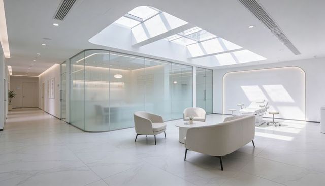 Minimalist wellness lobby with curved sofa and skylight, modern medical lounge