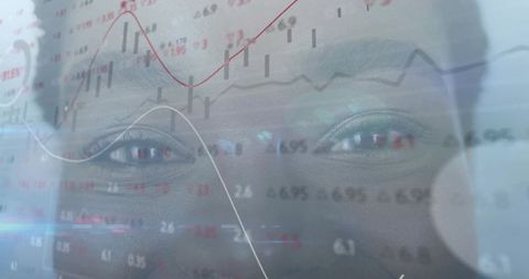 Woman analyzing financial data overlay with line charts and candlestick market trends