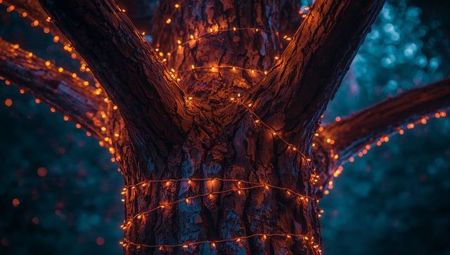 Rugged Tree Trunk Adorned with Spiral Amber Lights at Dusk