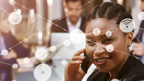 Businesswoman Navigating Global Digital Network on Smartphone