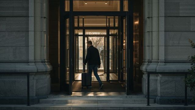 Traveler walking into grand stone entrance pulling wheeled suitcase in urban hotel lobby at dawn
