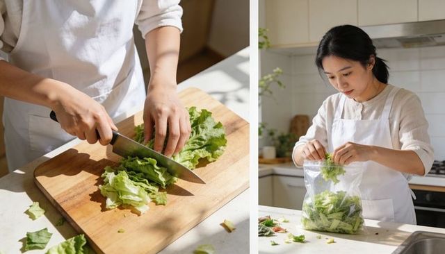 Sunlit kitchen meal prep woman chopping lettuce and packing salad into zipper bag