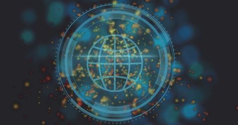 Rotating cyan wireframe globe within hud rings over dark neon data visualization interface