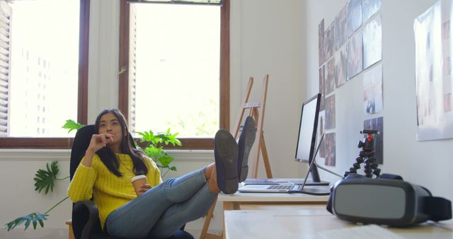 Young Woman Relaxing in Modern Home Office with Virtual Reality Gear - Download Free Stock Images Pikwizard.com
