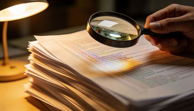 Inspecting printed code with magnifying glass revealing colored syntax for debugging