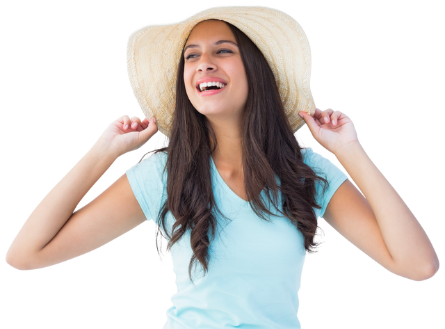 Joyful Brunette Woman Wearing Straw Sunhat Transparent Background - Download Free Stock Videos Pikwizard.com