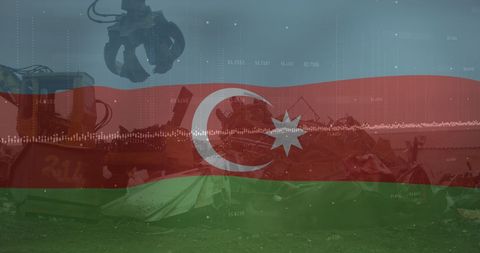 Azerbaijan Flag Overlay Hydraulic Lift at Junkyard Highlighting Recycling