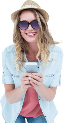 Stylish Woman Smiling, Texting on Smartphone, Wearing Hat and Sunglasses, Transparent