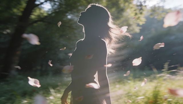 Backlit silhouette of woman standing in meadow lifting head amid drifting flower petals