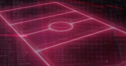 Projecting neon magenta holographic pitch grid with code overlay and cybernetic glow