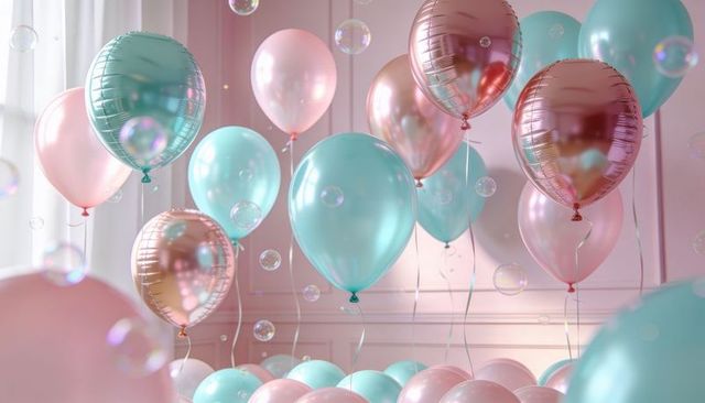 Pastel teal pink rose-gold balloons floating with soap bubbles in dreamy party interior