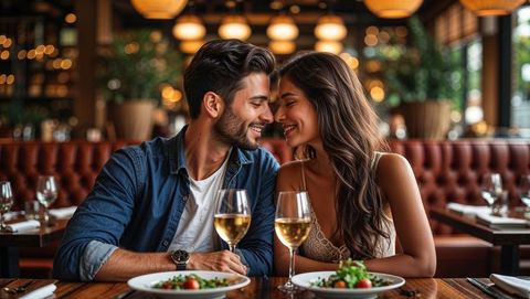 Romantic lovers enjoying date night with wine at upscale restaurant