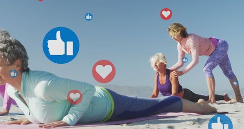 Senior women engaging in outdoor yoga with social media elements