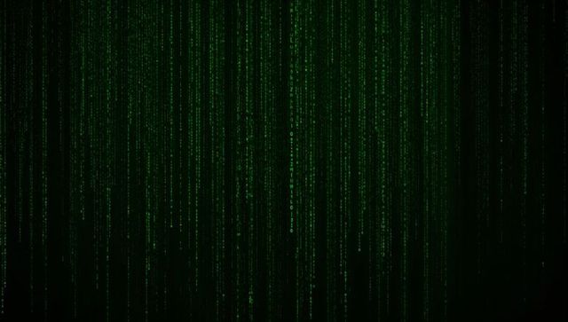 Streaming green matrix code columns over dark digital background for cybersecurity