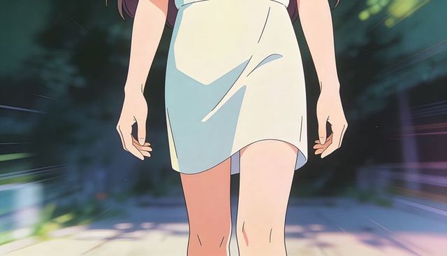 Walking toward viewer on sunlit park path, pale dress closeup legs motion blur stylized