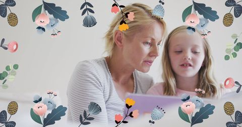 Caring Mother and Daughter Bonding Over Bedtime Story with Flower Illustrations - Download Free Stock Images Pikwizard.com