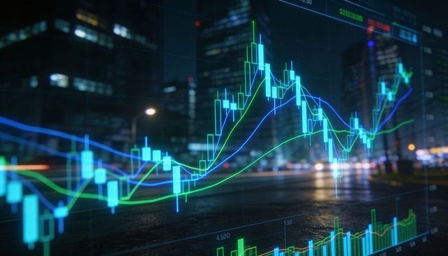Nighttime candlestick charts overlaying wet urban street with neon skyline reflections