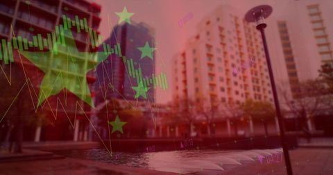 China Economy Digital Data Overlaid on Urban Landscape