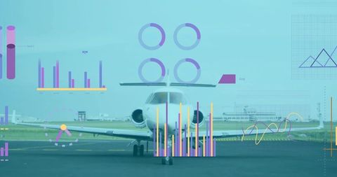 Private jet resting on apron with futuristic flight analytics overlaying runway and taxiway