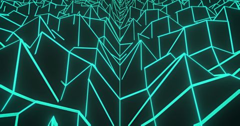 Futuristic Geometric Grid of Glowing Green Lines on Black Background